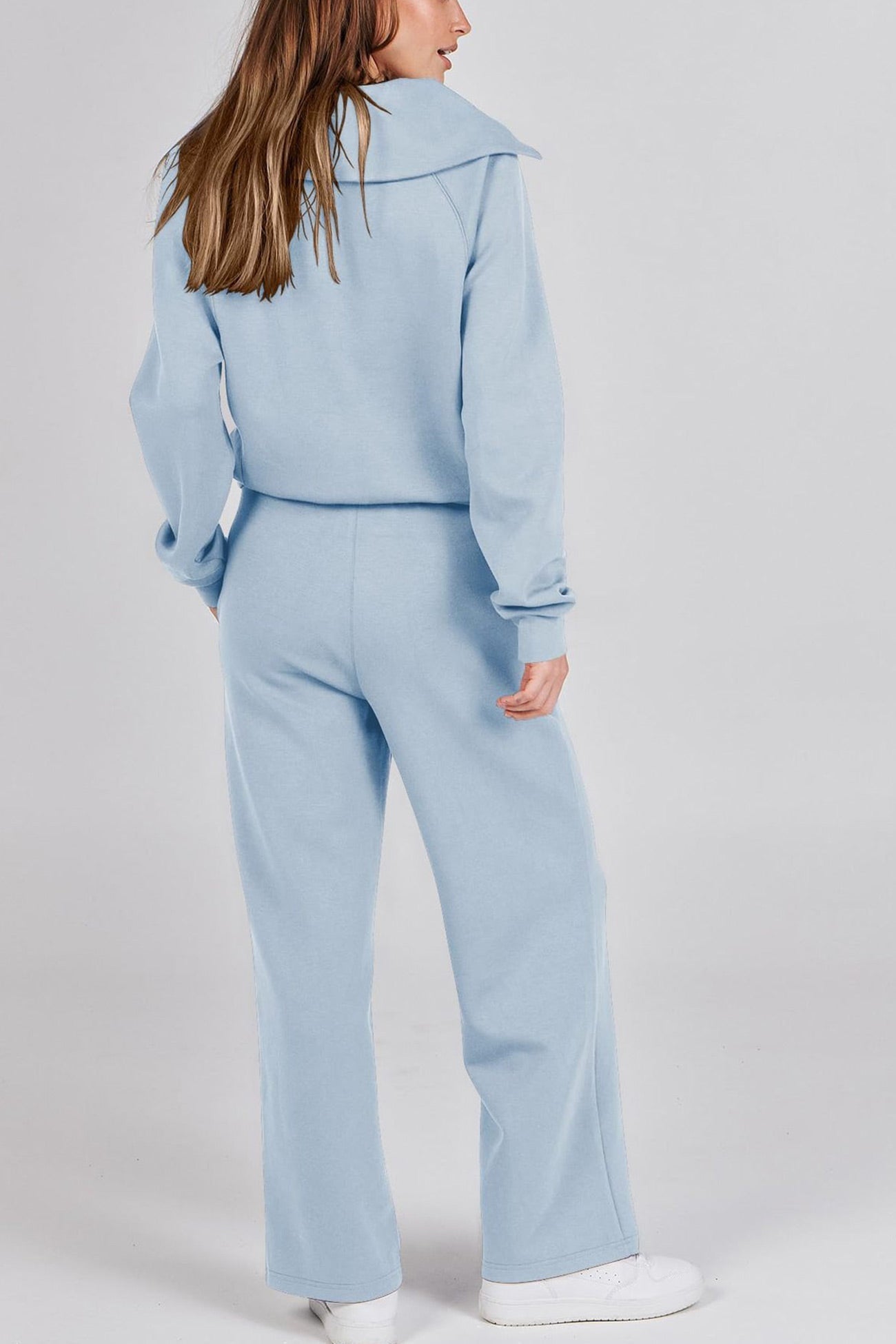 GR | Langes Hosen-Set mit weitem Bein und Revers-Reißverschluss-Sweatshirt