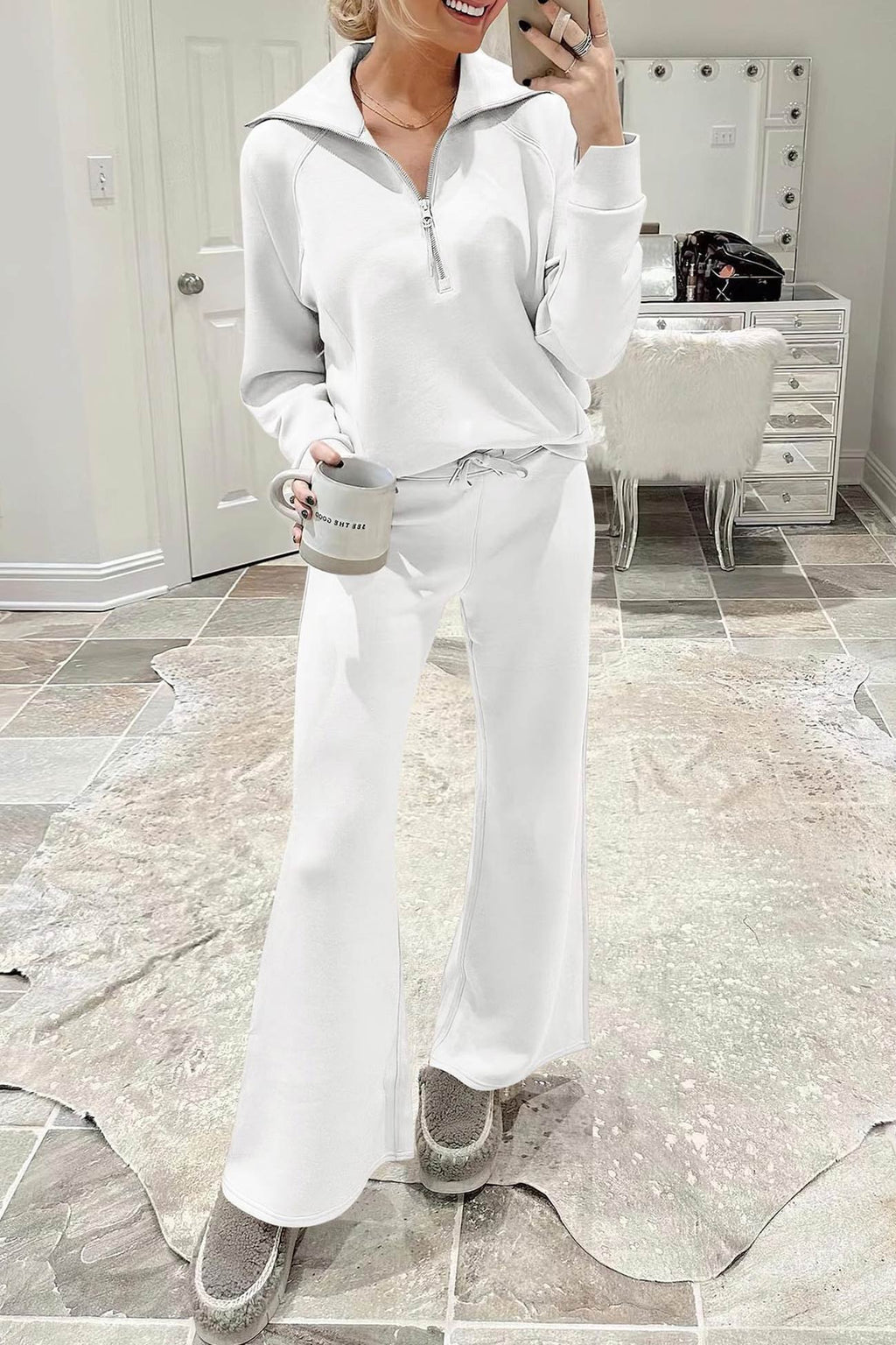 GR | Langes Hosen-Set mit weitem Bein und Revers-Reißverschluss-Sweatshirt