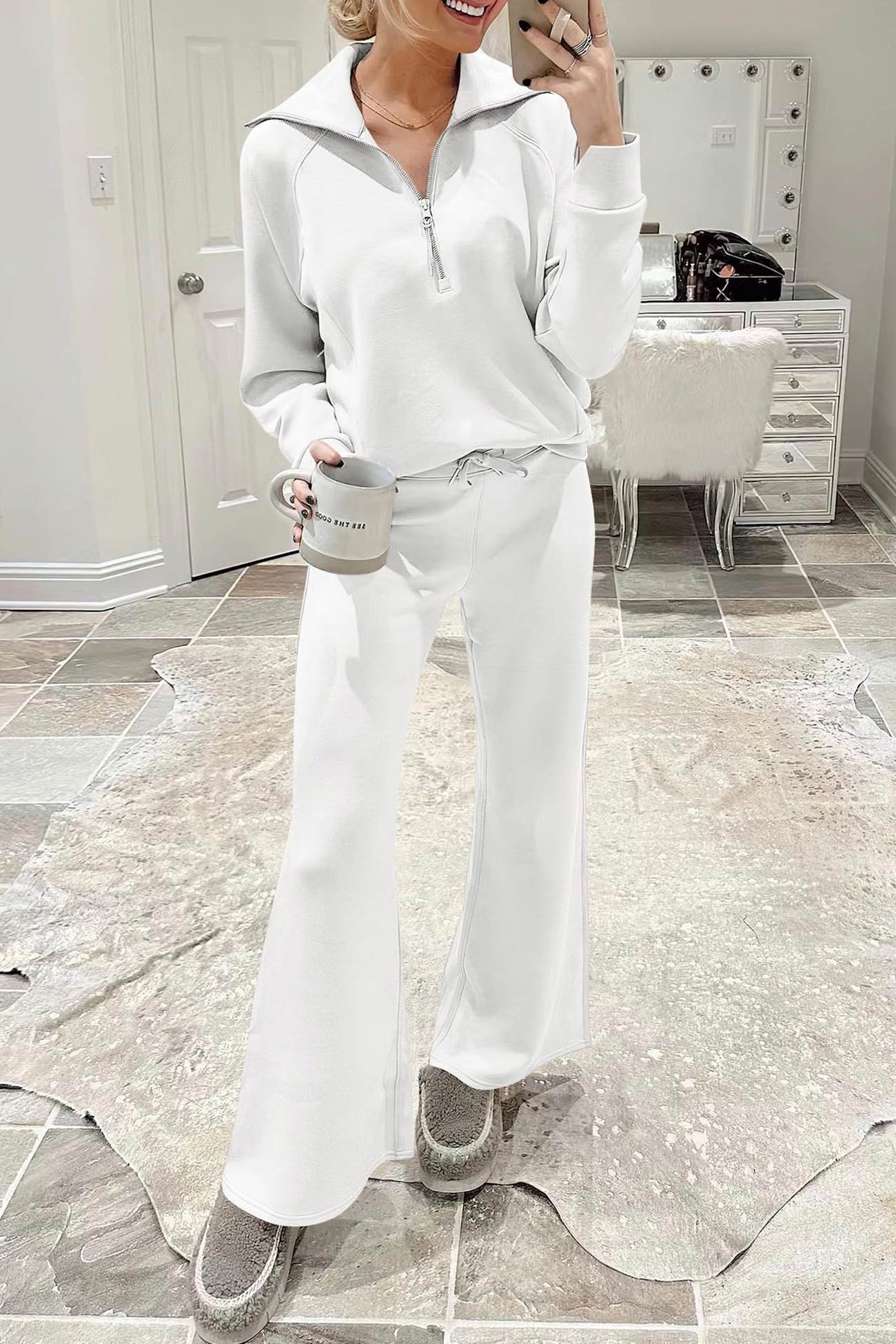 GR | Langes Hosen-Set mit weitem Bein und Revers-Reißverschluss-Sweatshirt