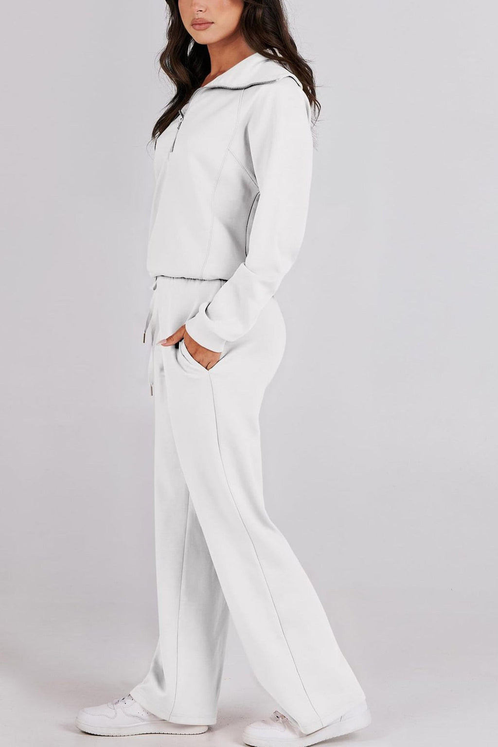 GR | Langes Hosen-Set mit weitem Bein und Revers-Reißverschluss-Sweatshirt