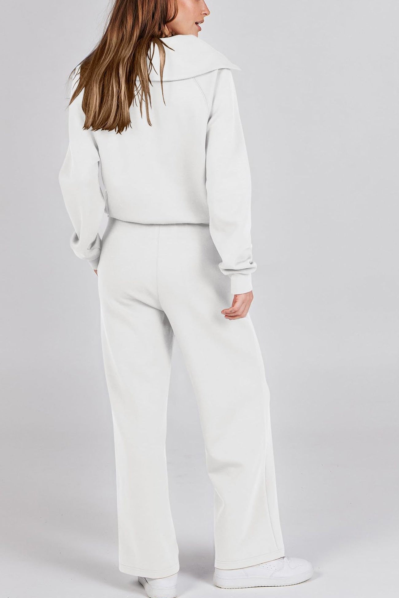 GR | Langes Hosen-Set mit weitem Bein und Revers-Reißverschluss-Sweatshirt