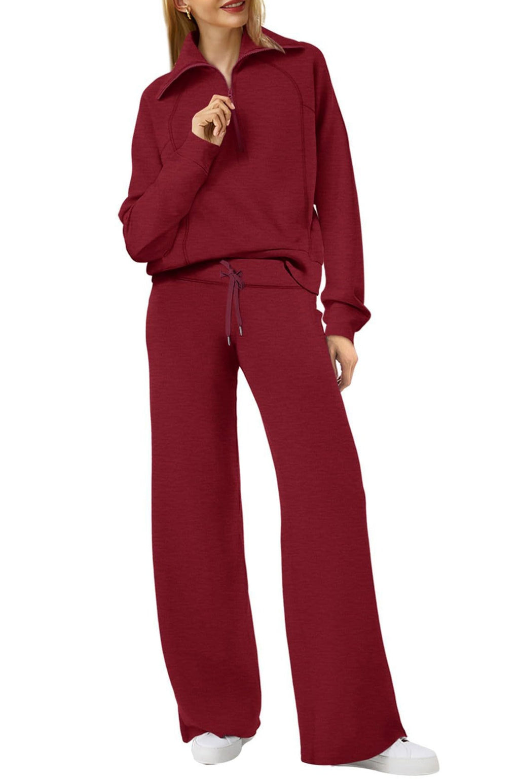 GR | Langes Hosen-Set mit weitem Bein und Revers-Reißverschluss-Sweatshirt