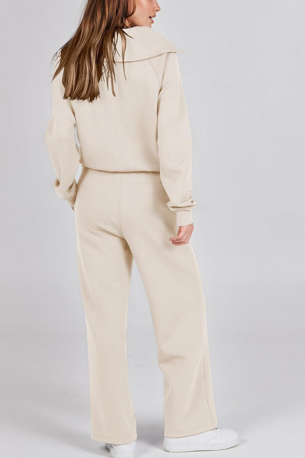 GR | Langes Hosen-Set mit weitem Bein und Revers-Reißverschluss-Sweatshirt