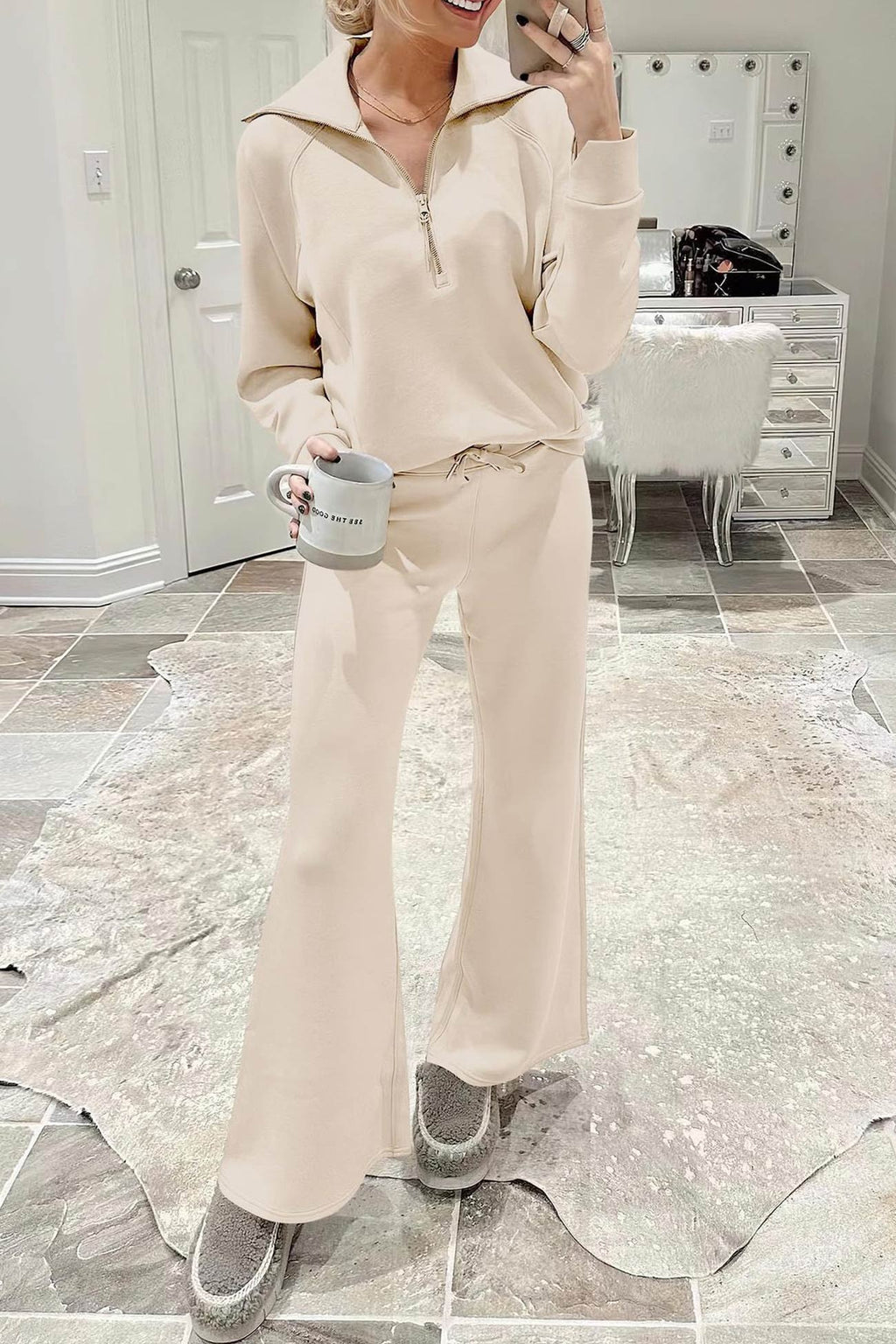 GR | Langes Hosen-Set mit weitem Bein und Revers-Reißverschluss-Sweatshirt