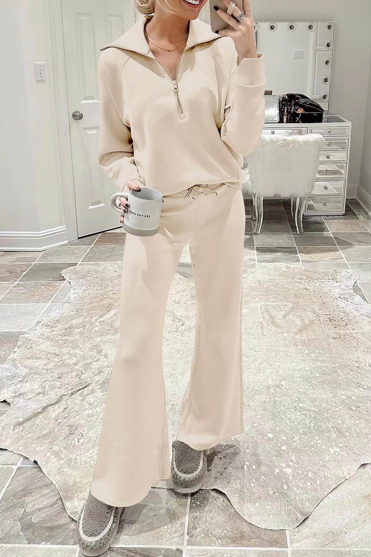 GR | Langes Hosen-Set mit weitem Bein und Revers-Reißverschluss-Sweatshirt