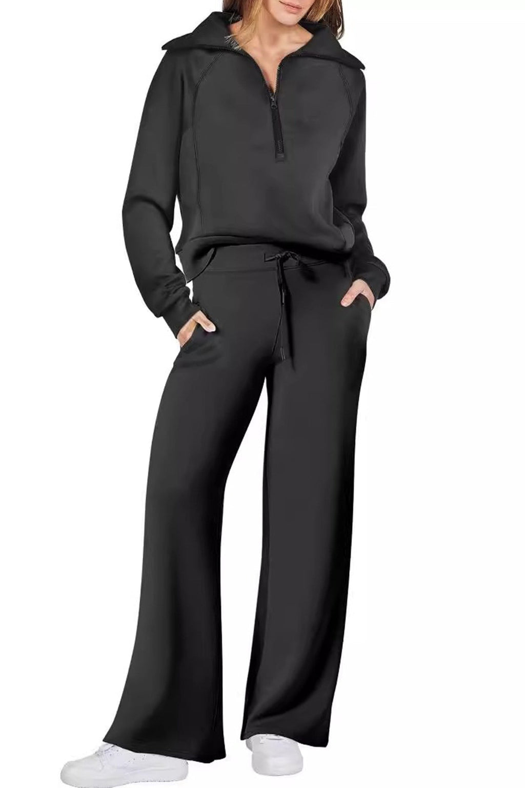 GR | Langes Hosen-Set mit weitem Bein und Revers-Reißverschluss-Sweatshirt
