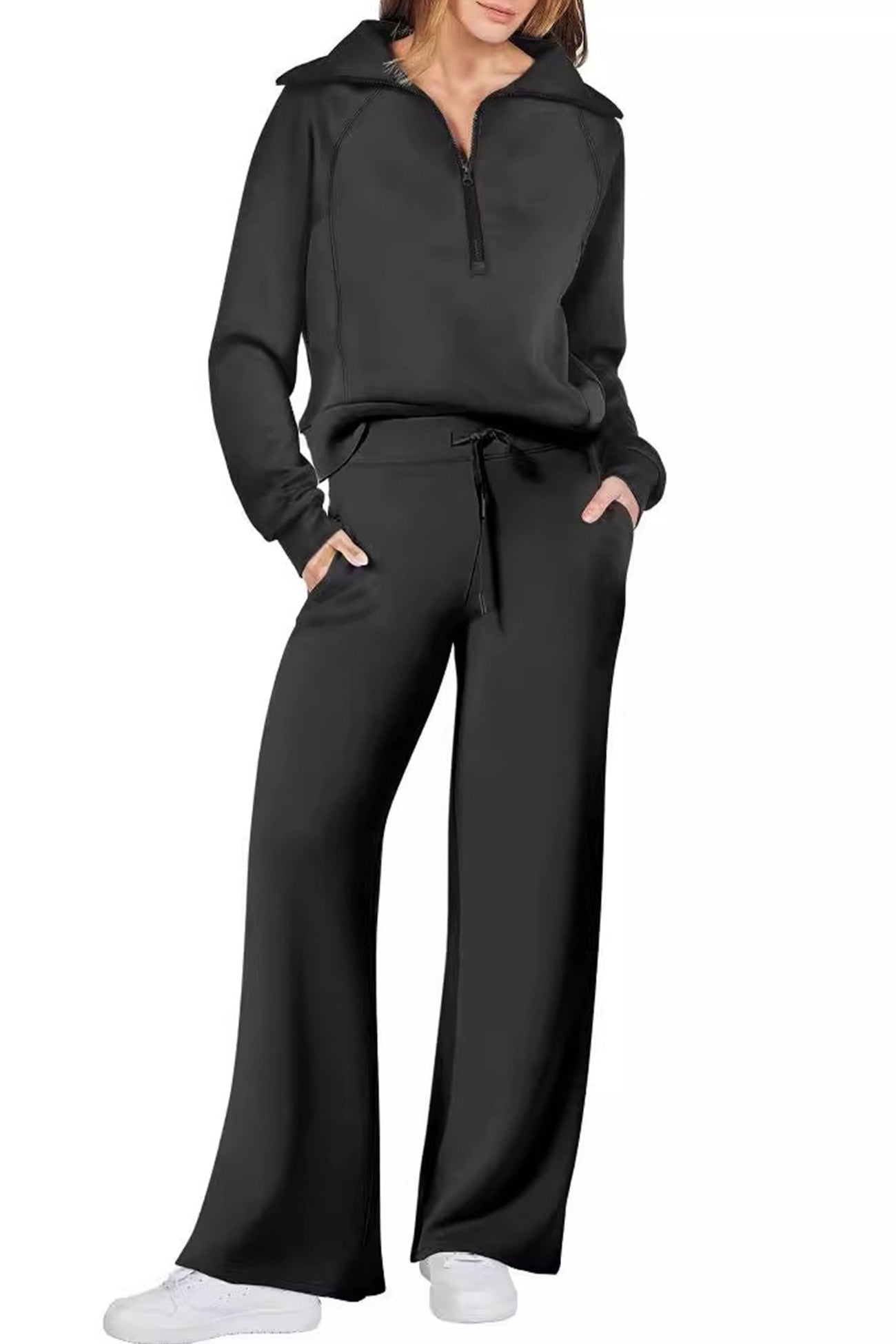 GR | Langes Hosen-Set mit weitem Bein und Revers-Reißverschluss-Sweatshirt