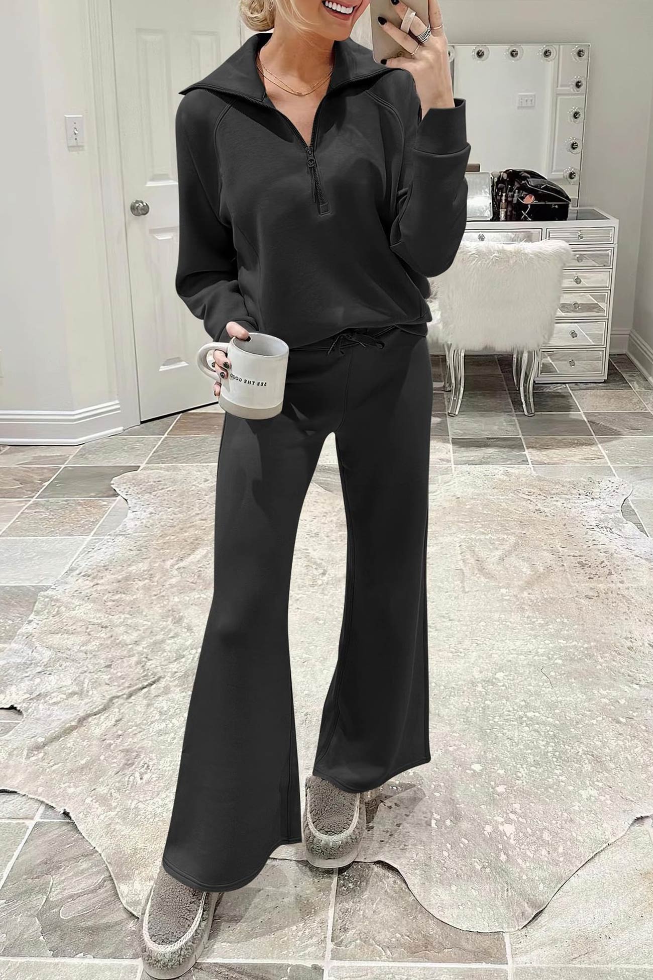 GR | Langes Hosen-Set mit weitem Bein und Revers-Reißverschluss-Sweatshirt