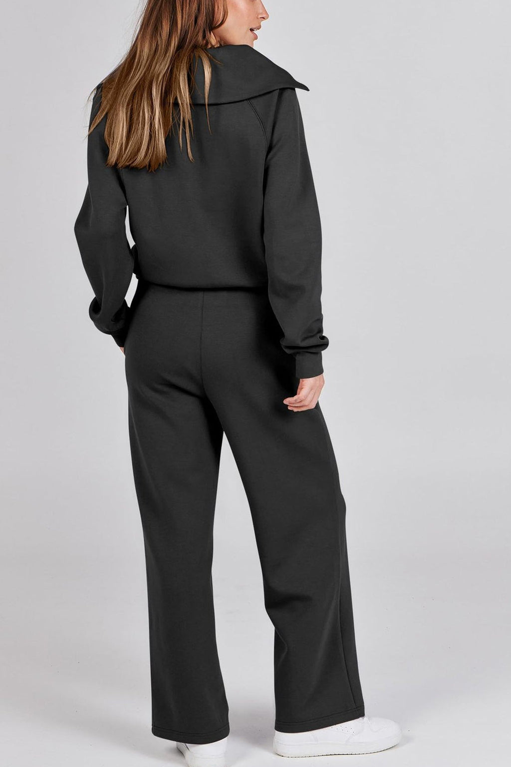 GR | Langes Hosen-Set mit weitem Bein und Revers-Reißverschluss-Sweatshirt