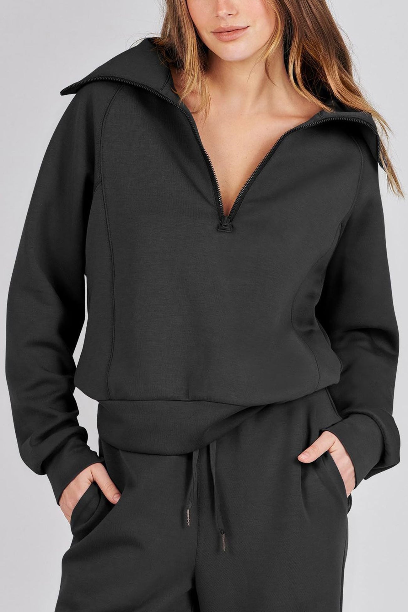 GR | Langes Hosen-Set mit weitem Bein und Revers-Reißverschluss-Sweatshirt