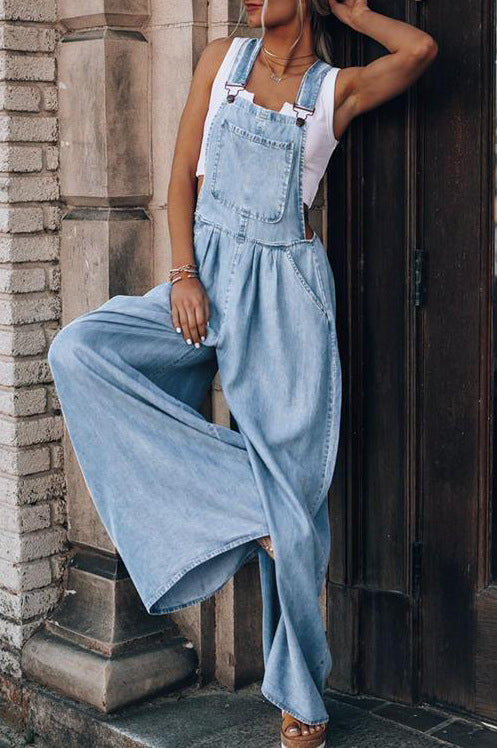 GR | Wide-leg sleeveless loose fit denim jumpsuit for women 