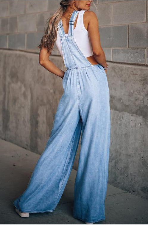 GR | Wide-leg sleeveless loose fit denim jumpsuit for women 