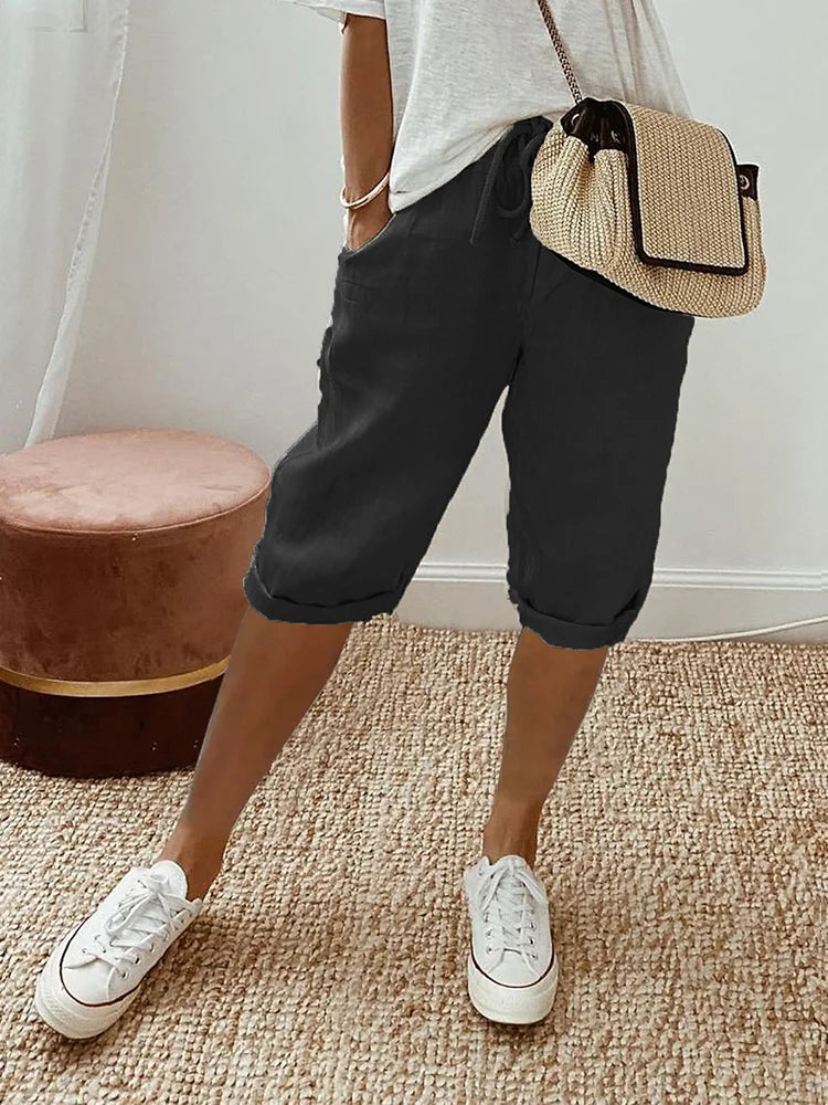 GR | Women's Shorts with Drawstring, Loose Fit Capri Pants 