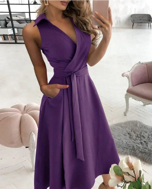 GR | Wickelkleid Ärmelloses Kragenloses Design Vorteilhaftes Taillenband Knielang