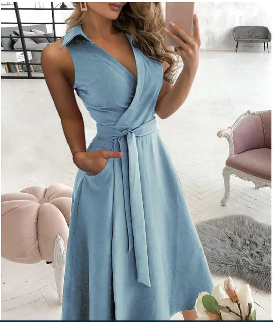 GR | Wickelkleid Ärmelloses Kragenloses Design Vorteilhaftes Taillenband Knielang