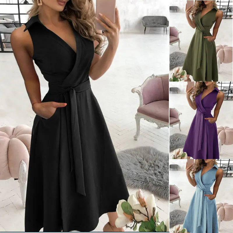 GR | Wickelkleid Ärmelloses Kragenloses Design Vorteilhaftes Taillenband Knielang