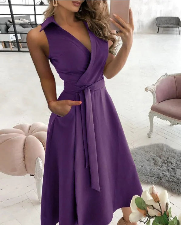 GR | Wickelkleid Ärmelloses Kragenloses Design Vorteilhaftes Taillenband Knielang
