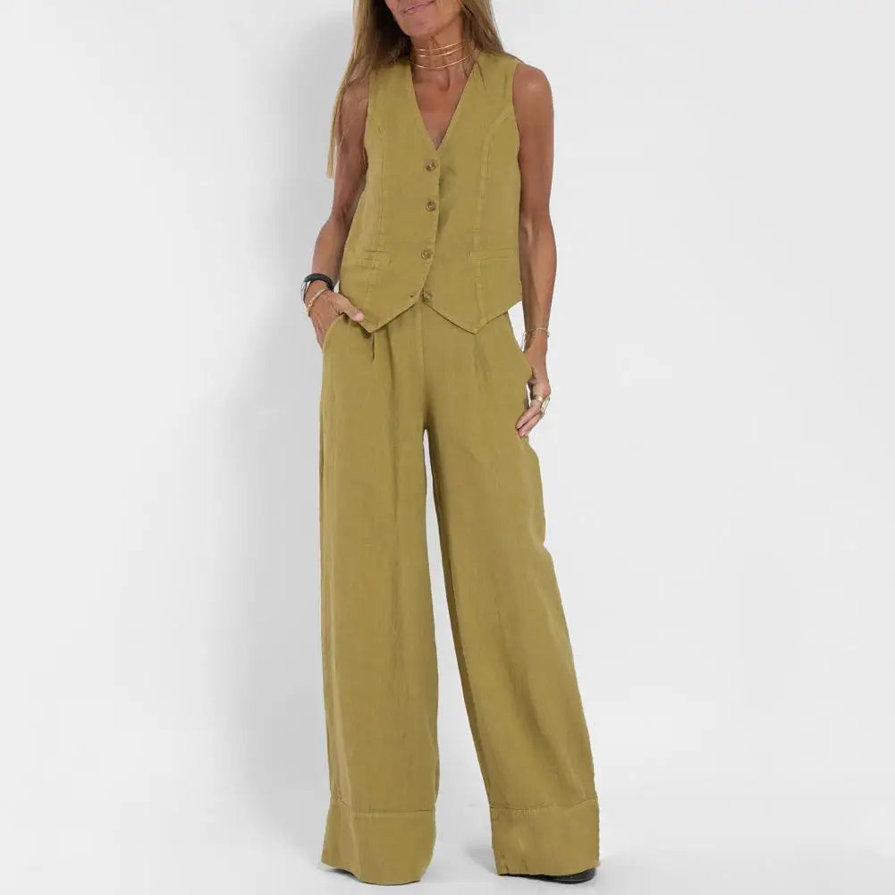 GR | Sleeveless linen jacket and wide-leg trousers for women