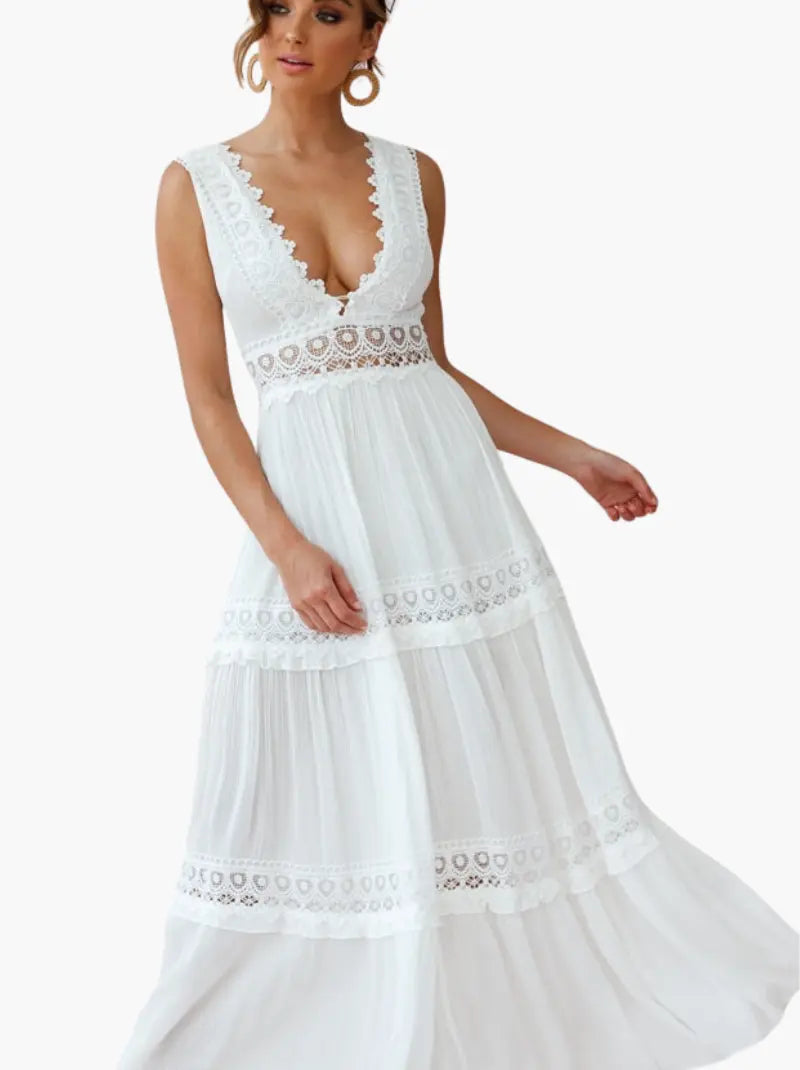 GR | White Boho Maxi Dress with Crochet Inserts & Deep V-Neck