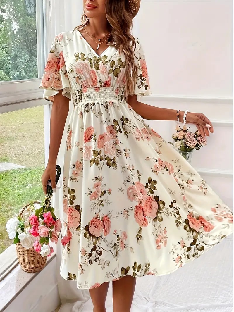 GR | Elegantes Blumen Kleid Für Frühling Und Sommer
