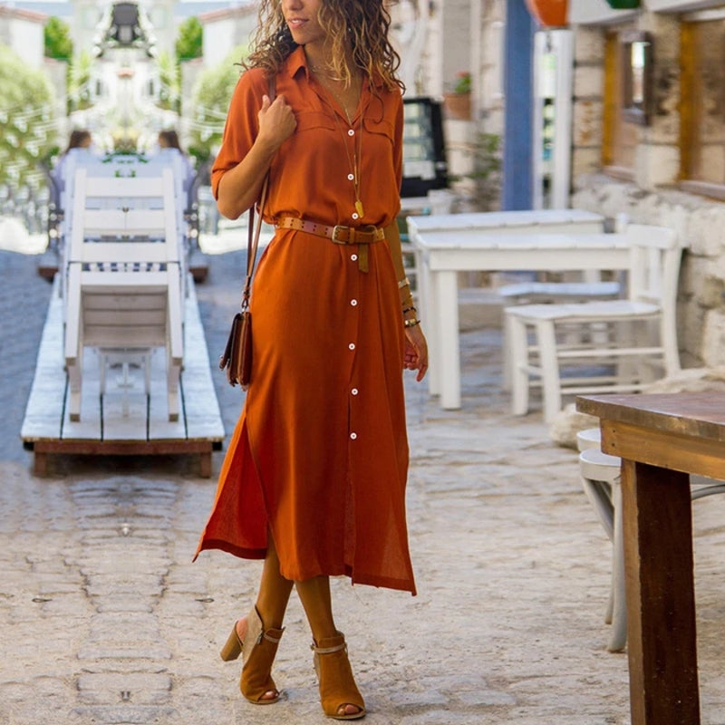 GR – Elegant button-down shirt dress for women | Long-sleeved bohemian-style shirt dress with belt