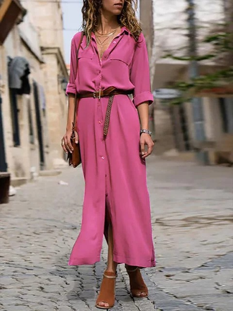 GR – Elegant button-down shirt dress for women | Long-sleeved bohemian-style shirt dress with belt