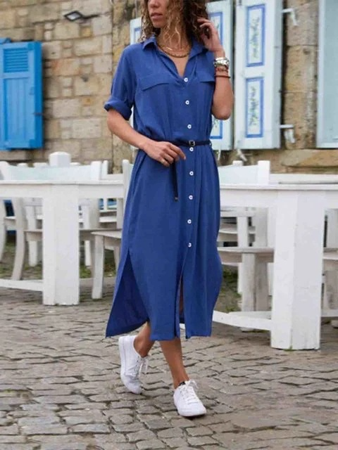 GR – Elegant button-down shirt dress for women | Long-sleeved bohemian-style shirt dress with belt