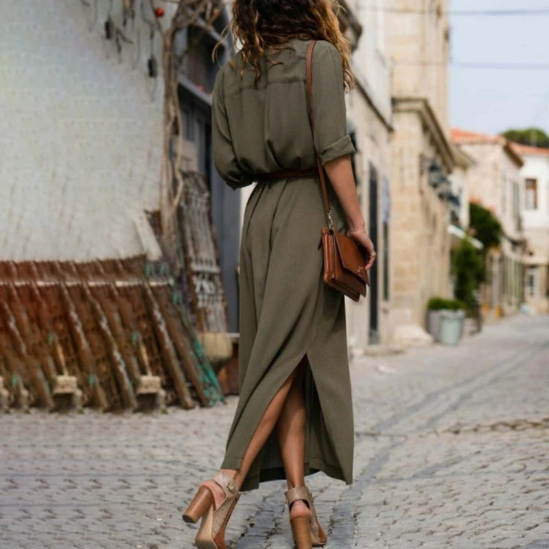 GR – Elegant button-down shirt dress for women | Long-sleeved bohemian-style shirt dress with belt