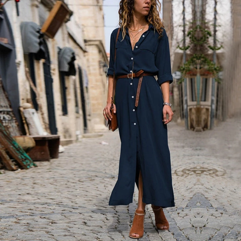 GR – Elegant button-down shirt dress for women | Long-sleeved bohemian-style shirt dress with belt