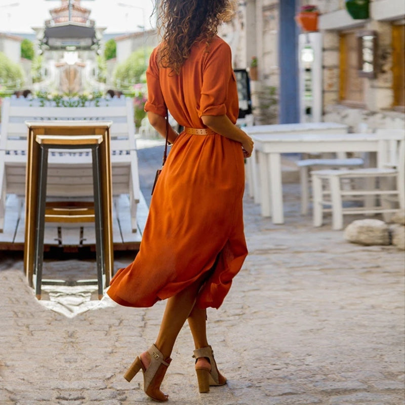 GR – Elegant button-down shirt dress for women | Long-sleeved bohemian-style shirt dress with belt