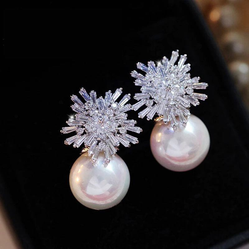 GR | Austrian Imitation Pearl Snow Flower Bridal CZ Stud Earrings