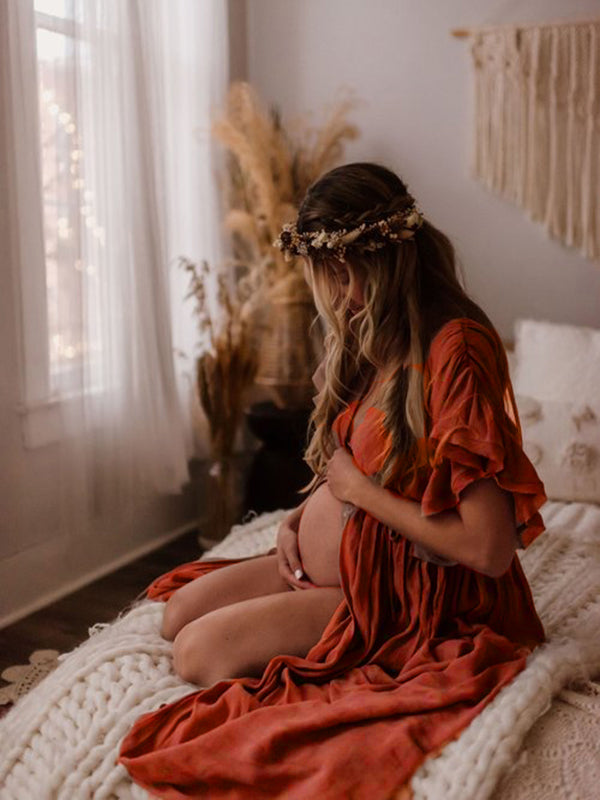 GR | Pregnancy Chaps for Photoshoots, Baby Shower Dresses with Buttons, Drawstring, Backless