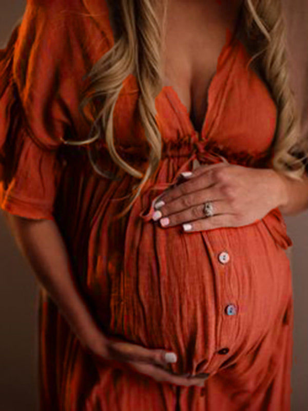 GR | Pregnancy Chaps for Photoshoots, Baby Shower Dresses with Buttons, Drawstring, Backless