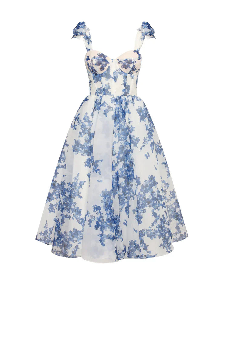 GR | blaues Organza Midi Kleid mit Hortensienmuster