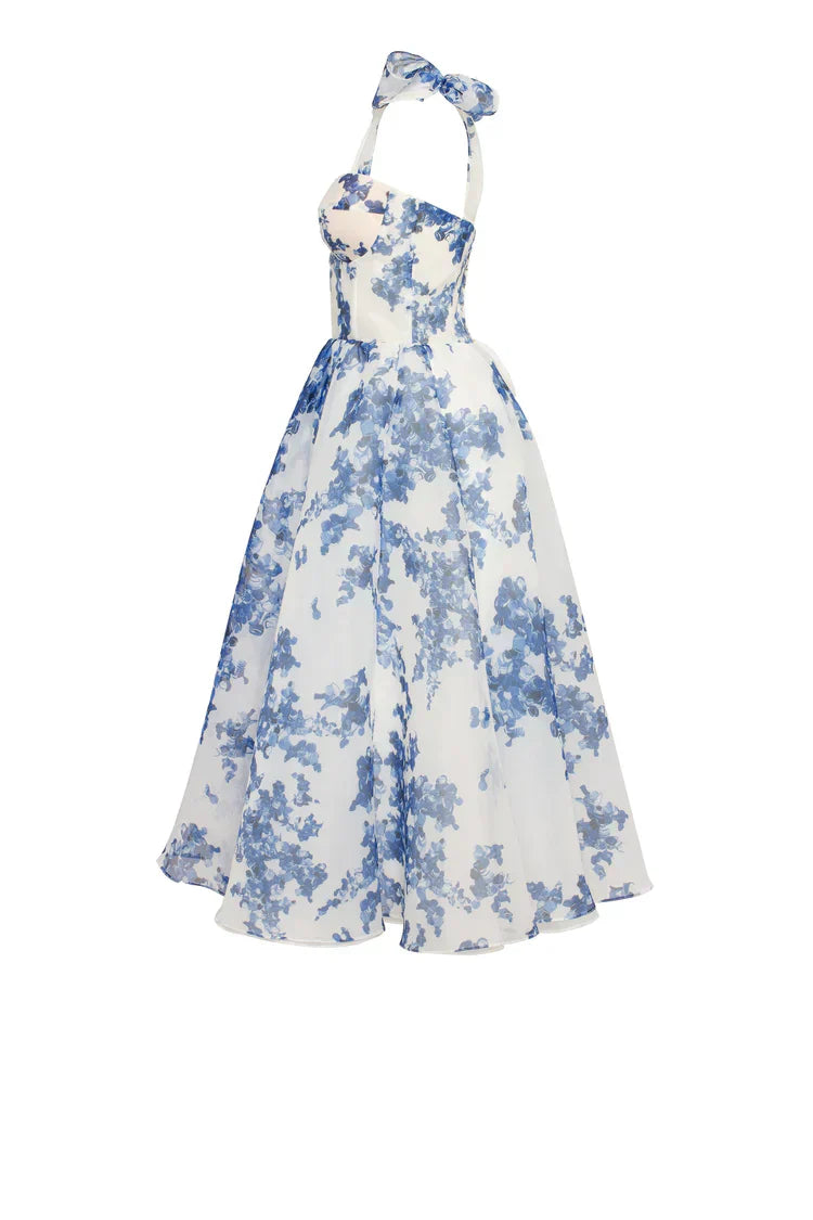 GR | blaues Organza Midi Kleid mit Hortensienmuster