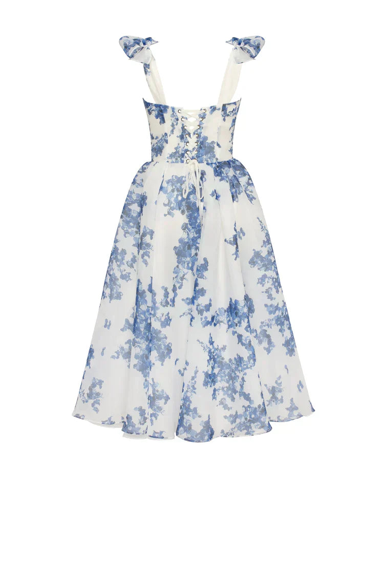 GR | blaues Organza Midi Kleid mit Hortensienmuster