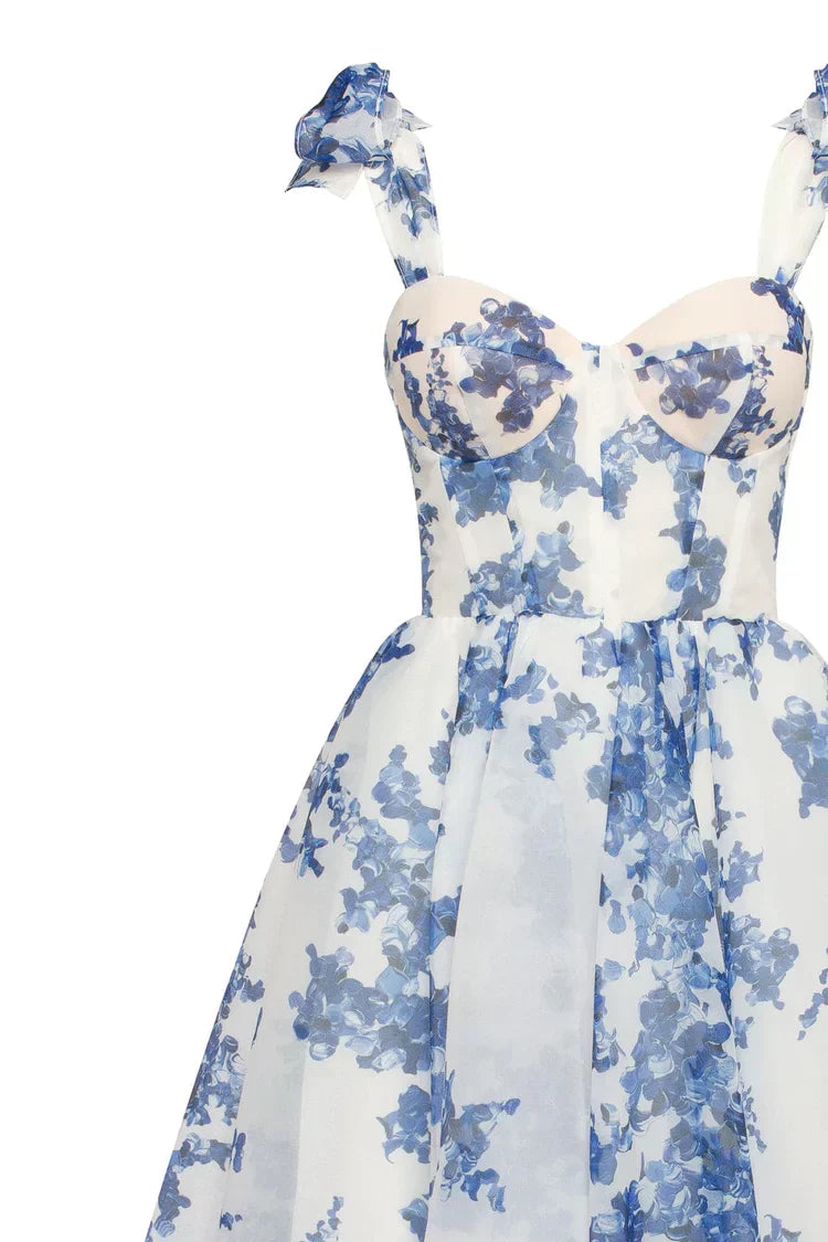 GR | blaues Organza Midi Kleid mit Hortensienmuster