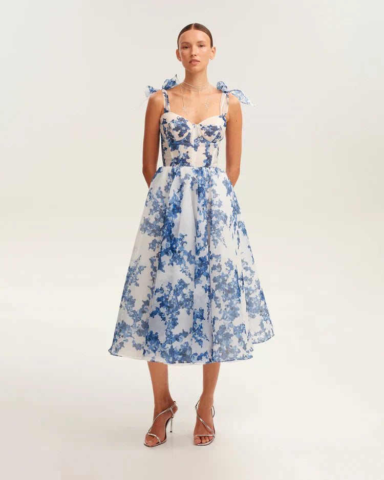 GR | blaues Organza Midi Kleid mit Hortensienmuster