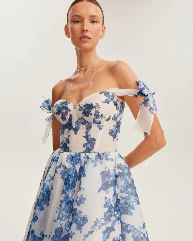 GR | blaues Organza Midi Kleid mit Hortensienmuster