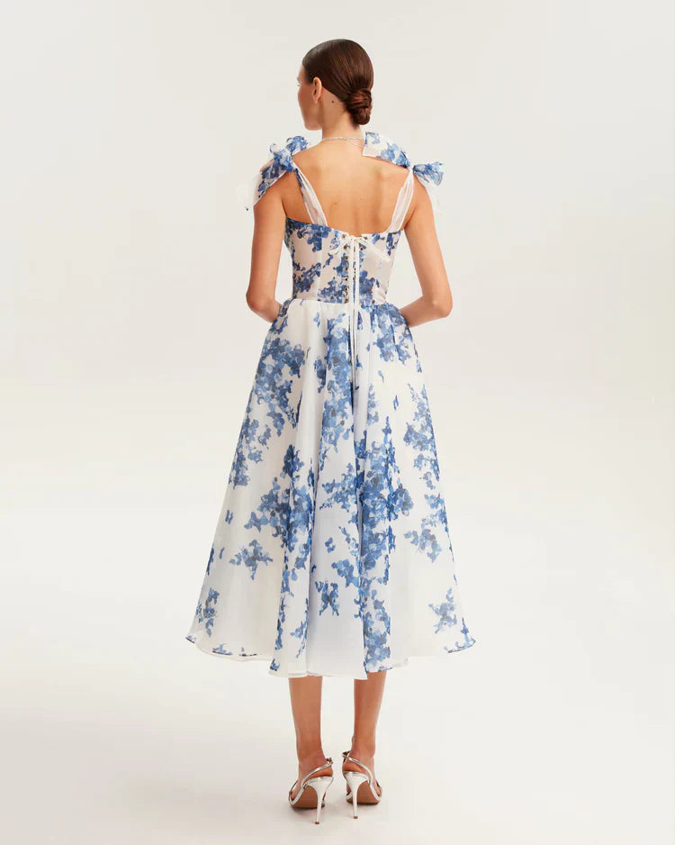 GR | blaues Organza Midi Kleid mit Hortensienmuster
