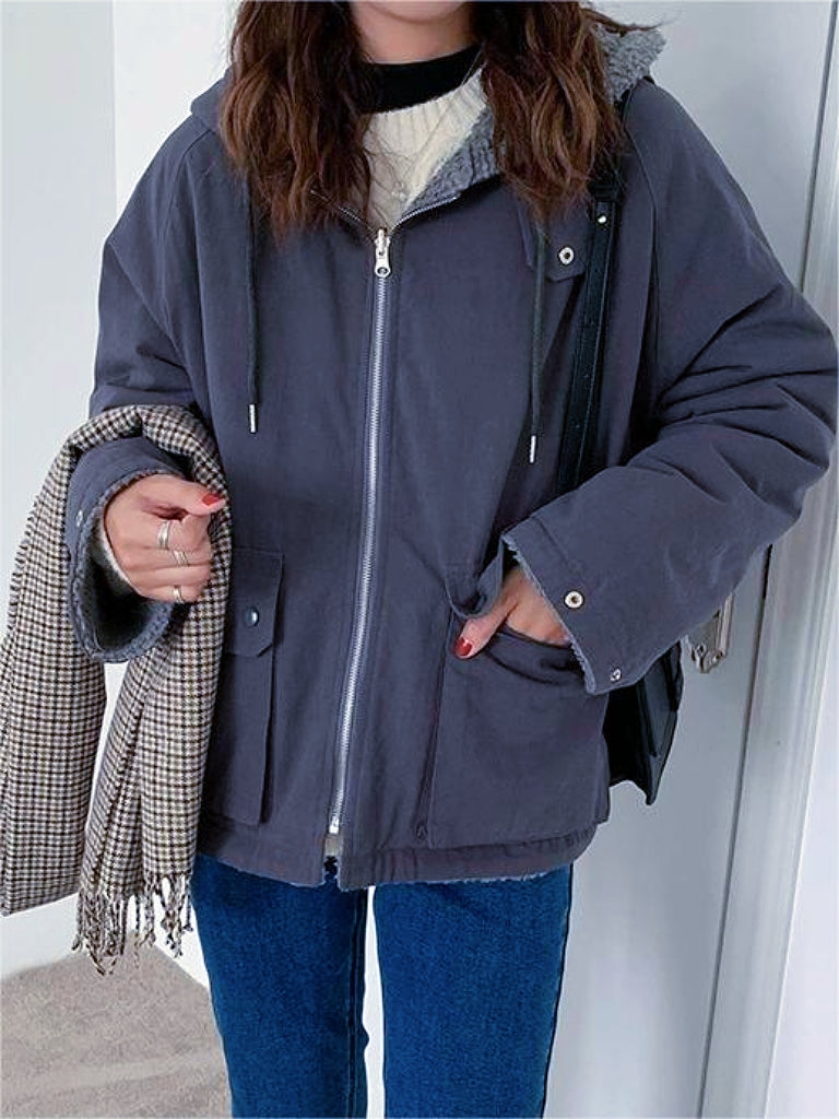 GR | Solid Color Reversible Jacket with Hood and Zipper