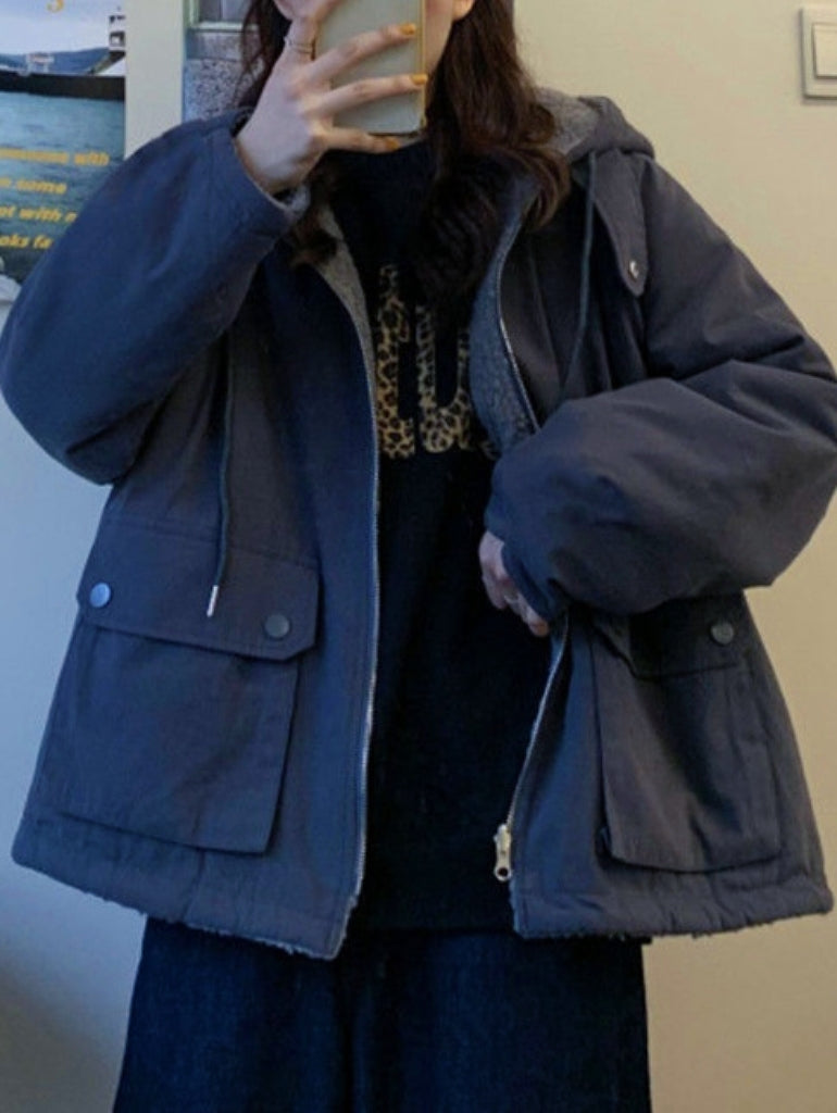 GR | Solid Color Reversible Jacket with Hood and Zipper