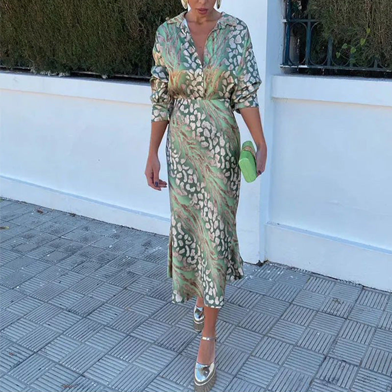 GR | Satin Printed Midi Dress with Long Sleeves for Women