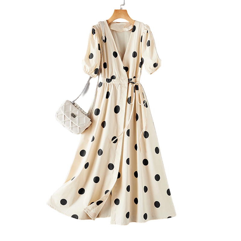 Women's midi dress with feminine V-neck and gathered puff sleeves, size