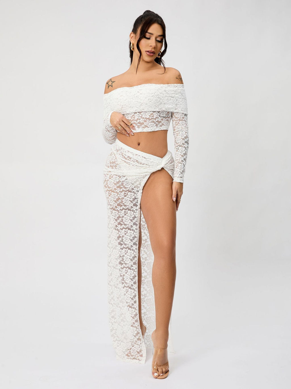 GR | Off-Shoulder Floral Lace Long Sleeve Maxi Co-Ord Set