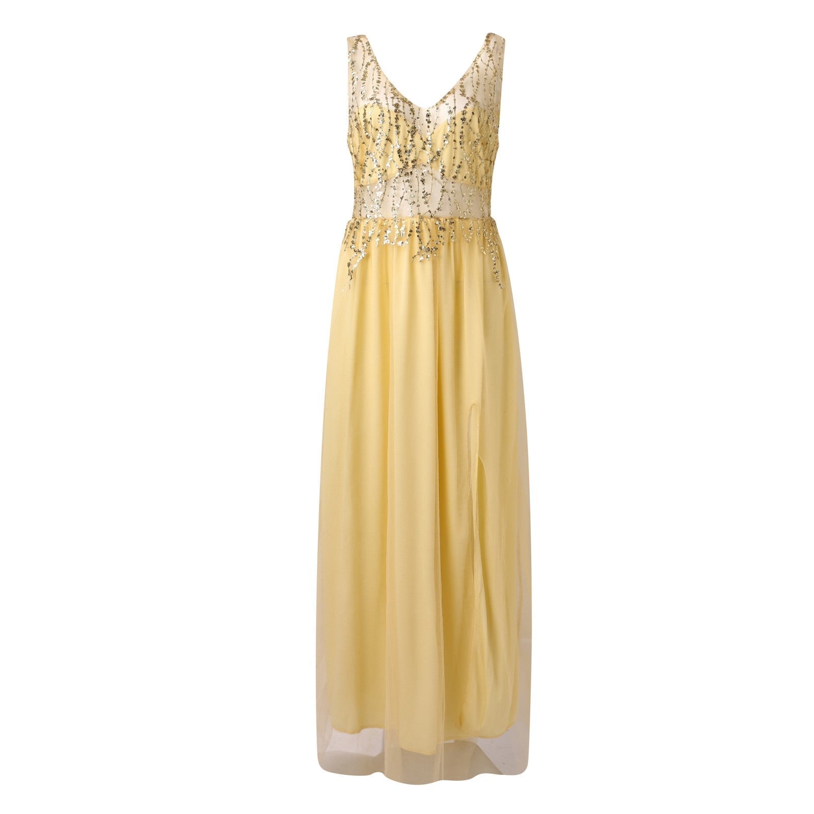 Women's evening dress with sparkling rhinestone appliqués and deep V-neck, size S