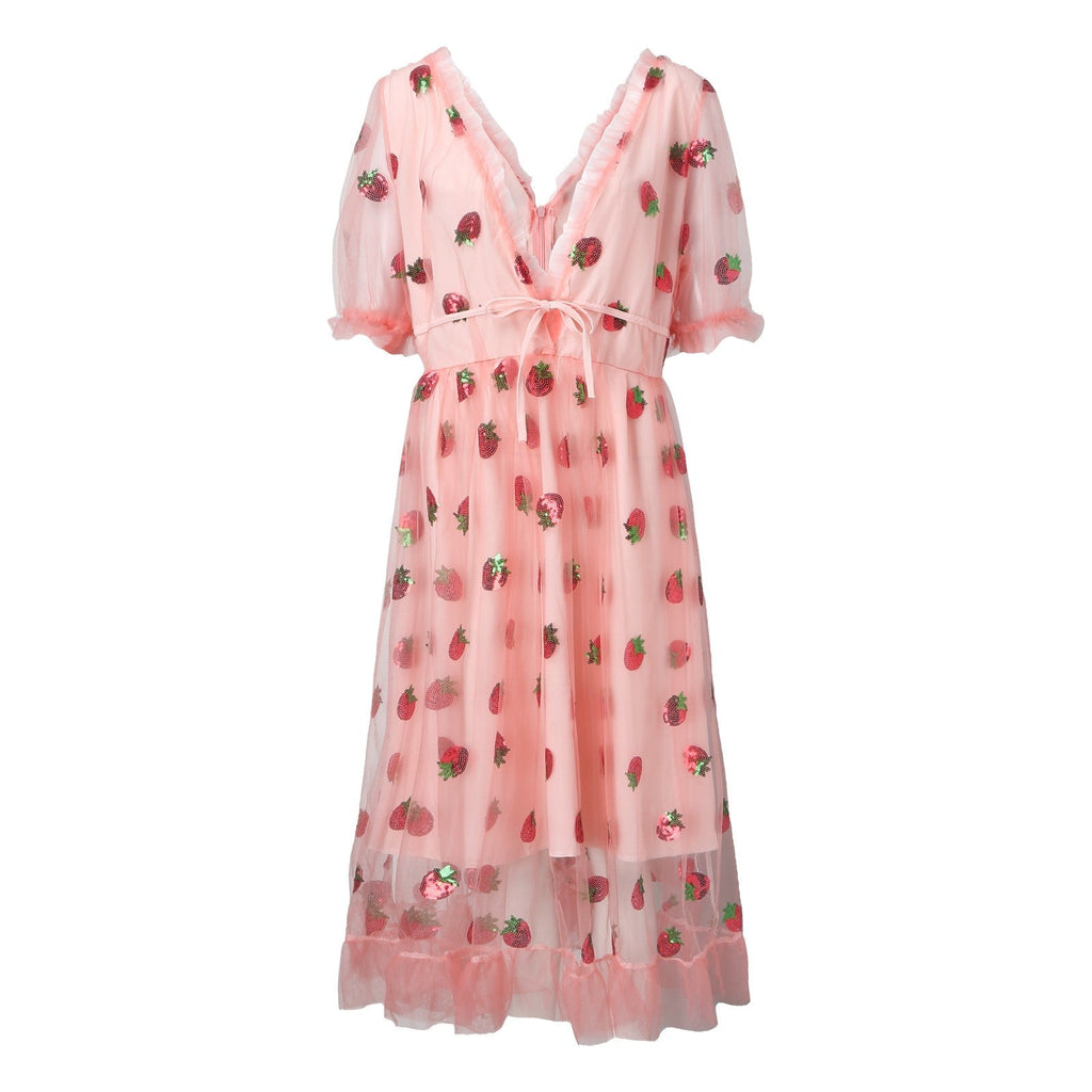 Women's tulle dress with playful strawberry design and elegant lacing, size S