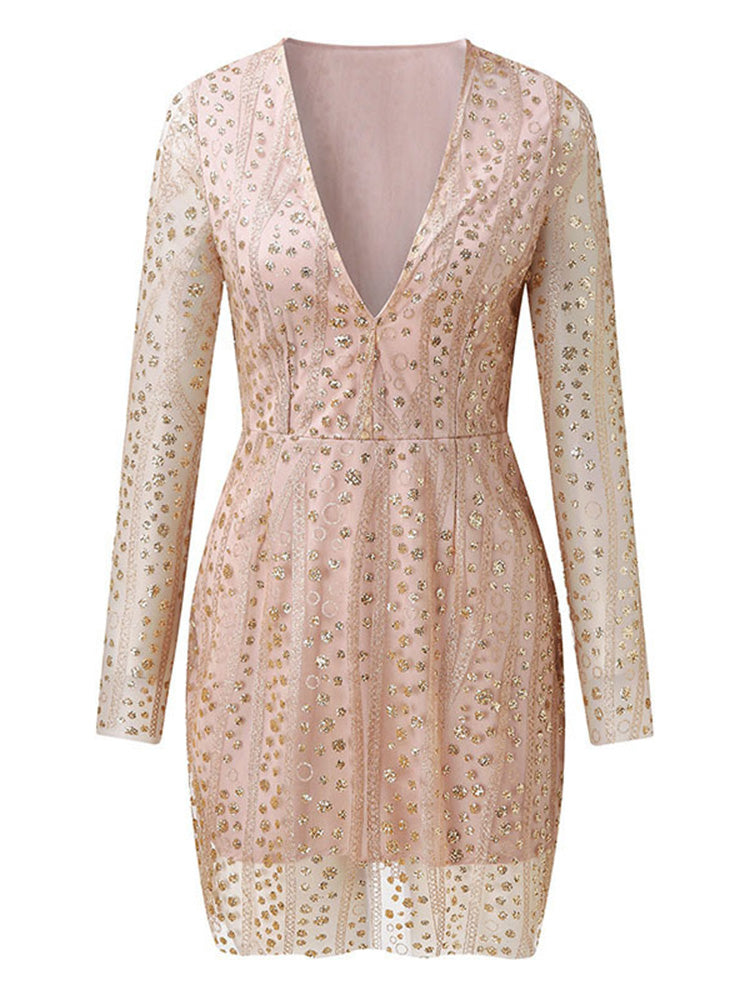 GR | Damen Semi Transparent Goldton Pailletten Midi Kleid