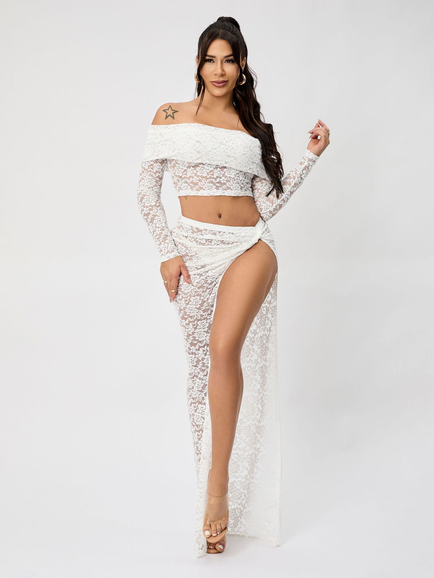 GR | Off-Shoulder Floral Lace Long Sleeve Maxi Co-Ord Set