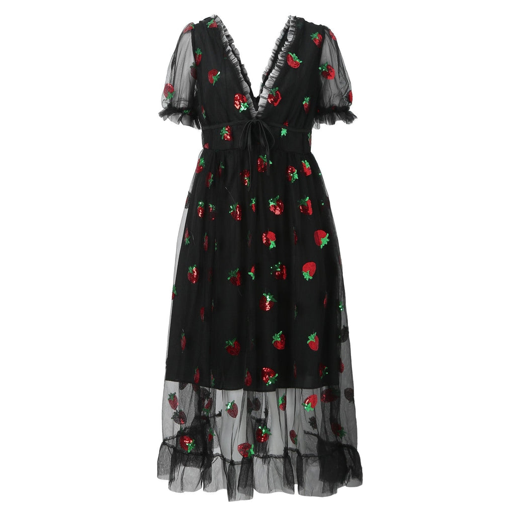 Women's tulle dress with playful strawberry design and elegant lacing, size S